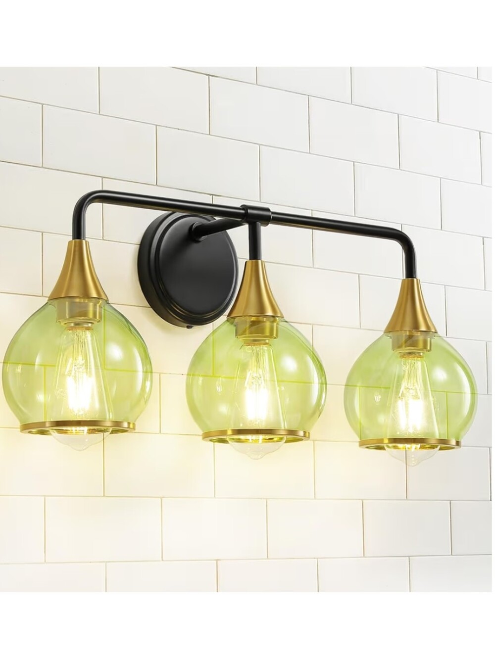 NWT Vanity 3-Light Fixture Gold & Black Metal Green Globe Glass Shades